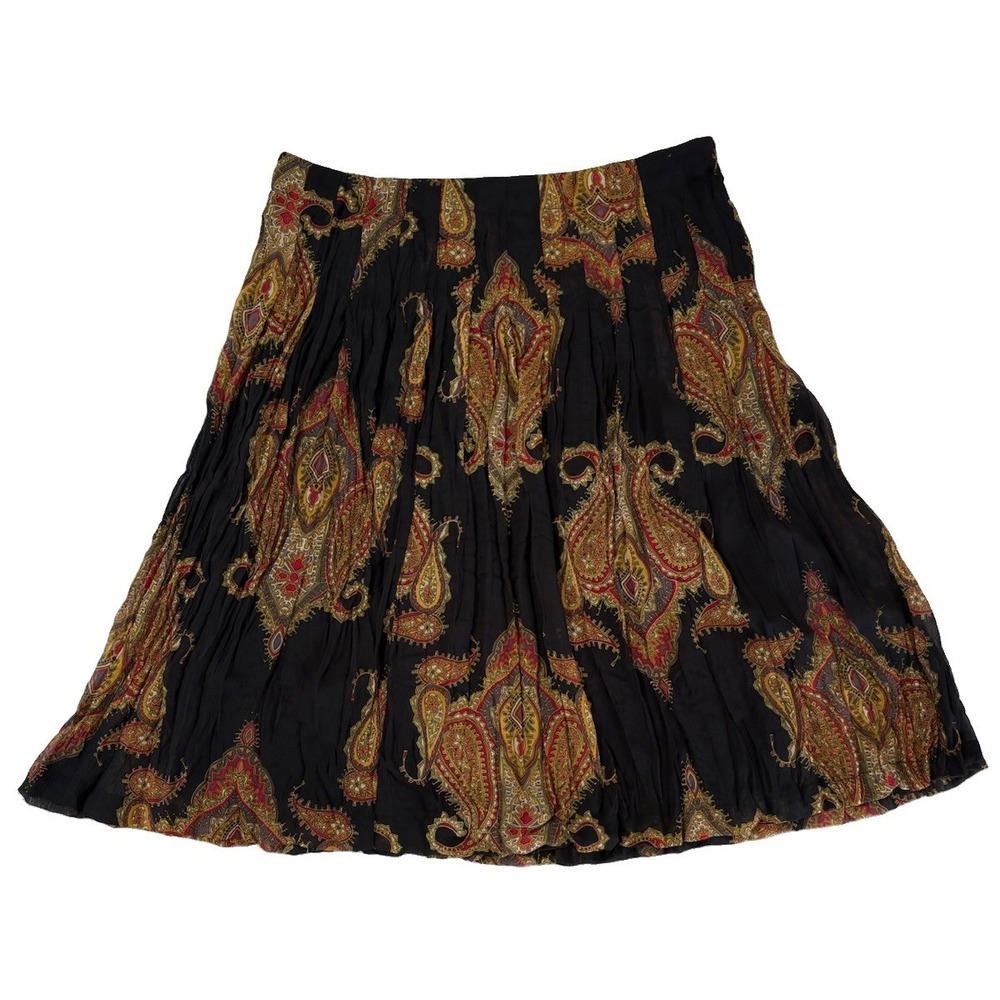 VTG August Silk Pleated Midi Skirt Sz 12 Black Red Gold Paisley Silk Blend Boho